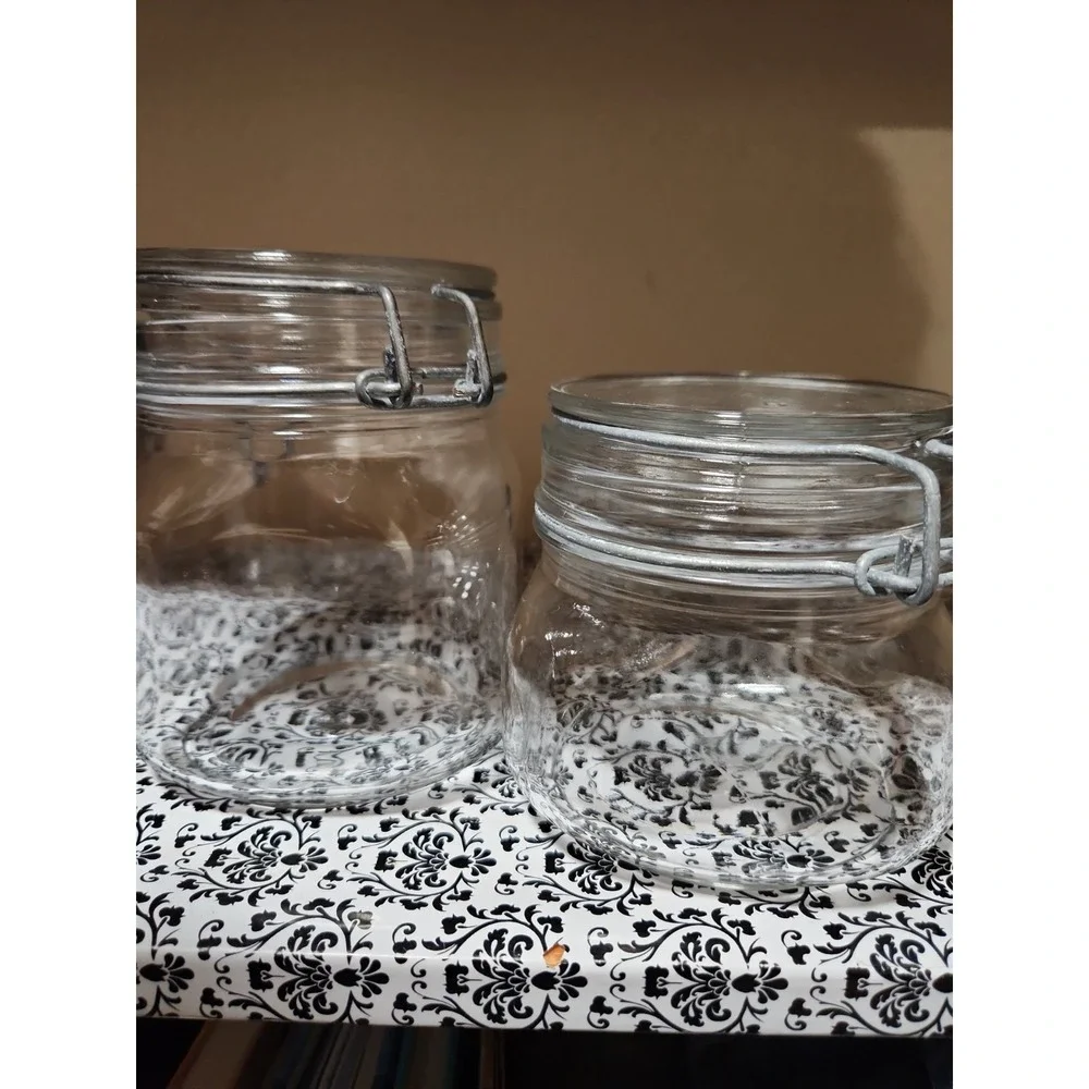 Set of 2 Clear Glass Hermetic Storage Jars with Wire Bail Flip Top‎ Lids